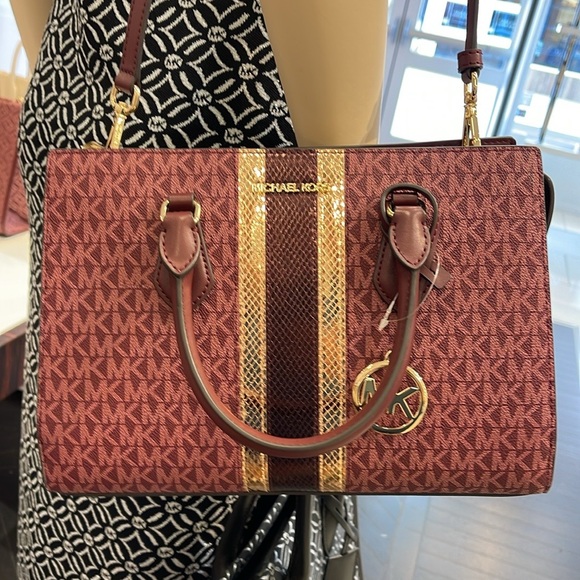 Michael Kors Sheila Medium Signature Logo and Metallic Satchel Crossbody Center - Picture 12 of 16